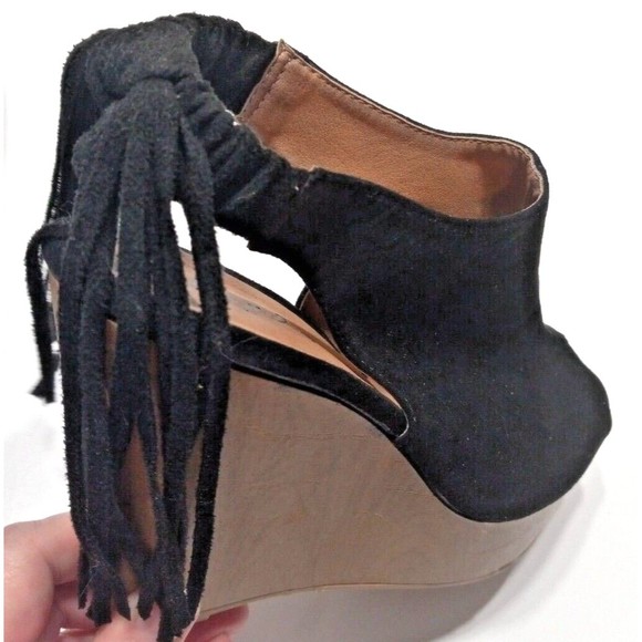 Qupid Platform Wedge Fringed Heel Sandal Black Suede Leather Elastic Back - Picture 4 of 12